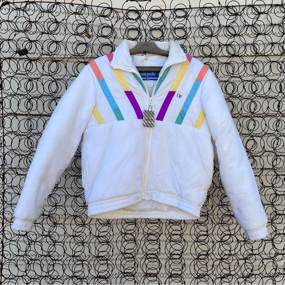Vintage 80s Ocean Pacific pastel color block diagonal stripe ski coat jacket M